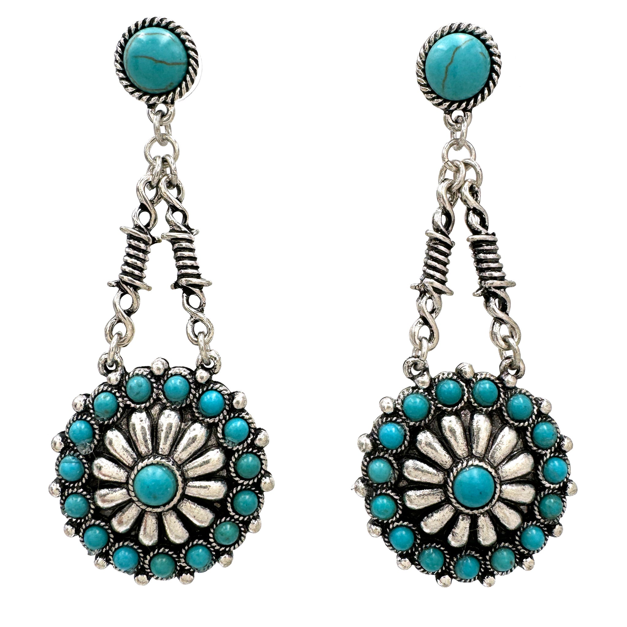 Barb Wire Turquoise Concho Dangle Earrings