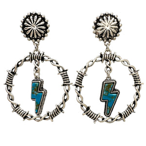 Barb Wire Turquoise Lightning Bolt Dangle Earrings