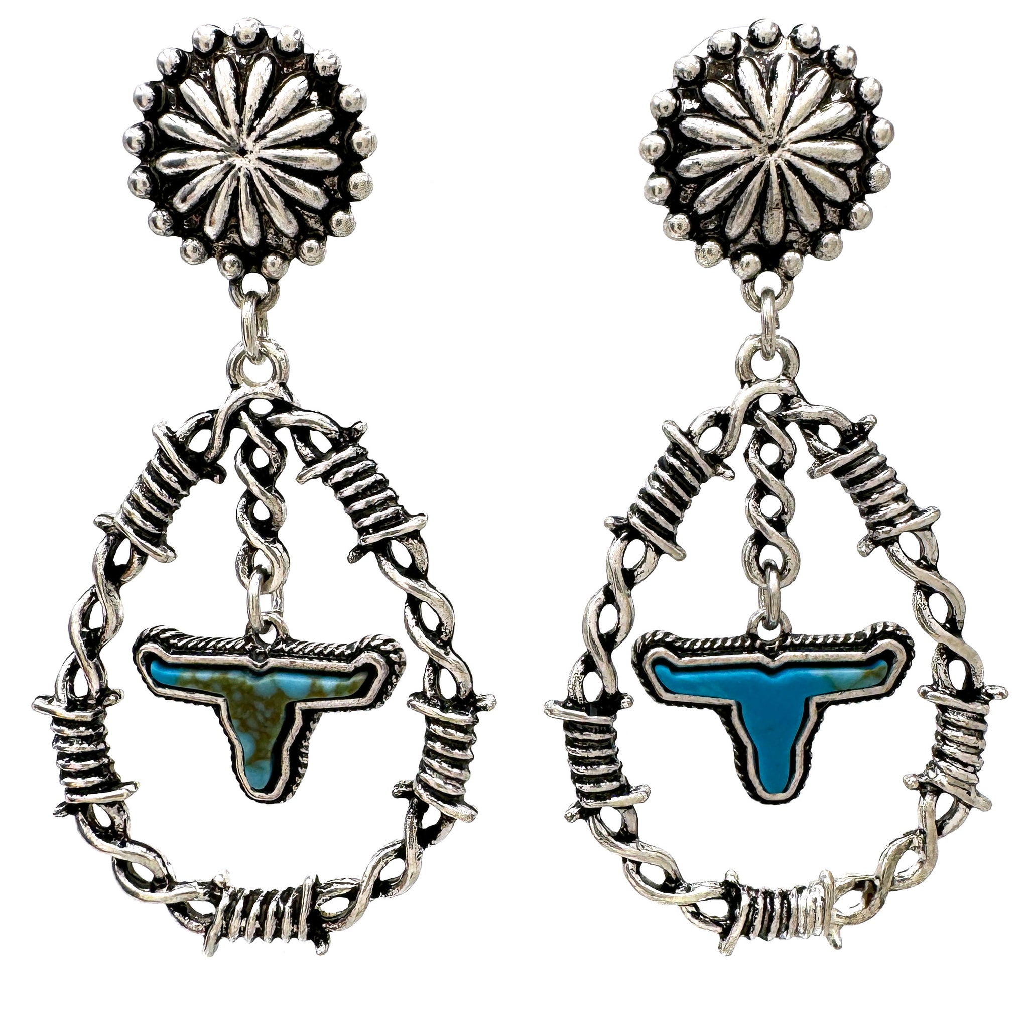 Barb Wire Turquoise Longhorn Dangle Earrings