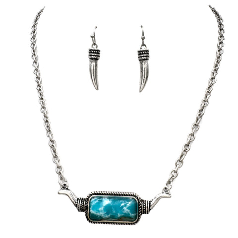 Buffalo Horn Turquoise Stone Necklace Earrings Set