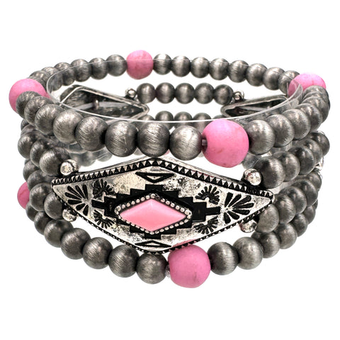 Pink Three Piece Navajo Style Bead Stretch Bracelet