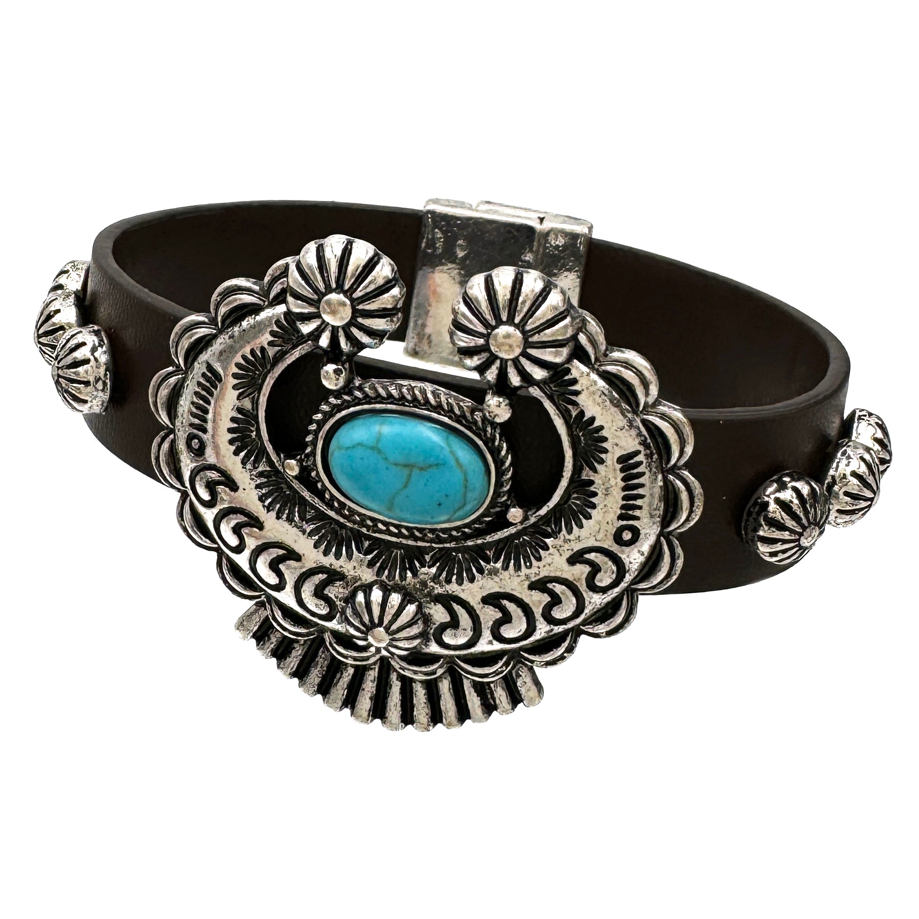 Squash Blossom Turquoise Stud Leather Band Bracelet