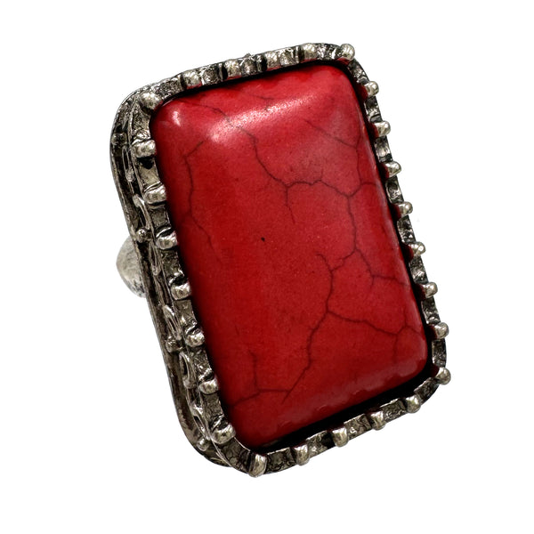 Large Turquoise Rectangle Block Stone Western Stretch Ring