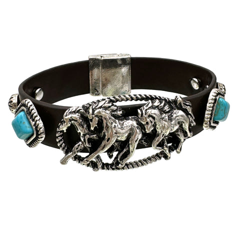 Horses with Turquoise Stud Leather Band Bracelet