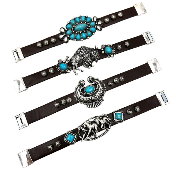 Squash Blossom Turquoise Stud Leather Band Bracelet