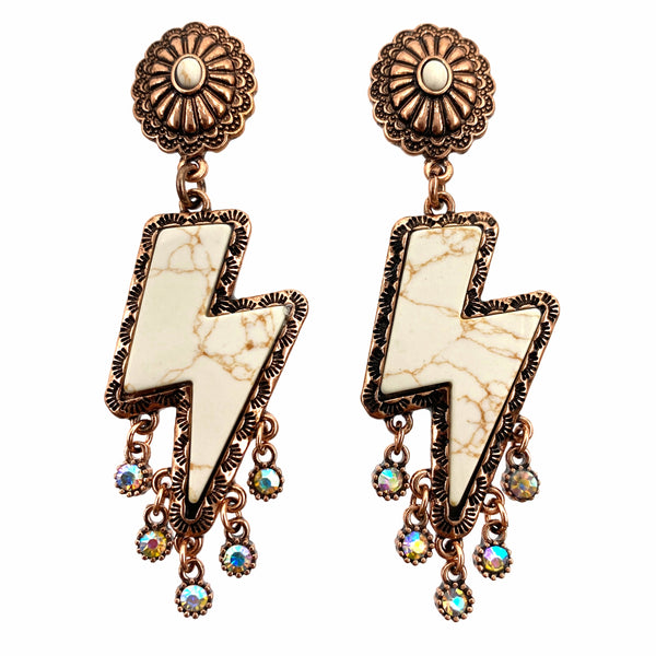 Lightning Bolt Turquoise Stone Rhinestone Western Concho Earrings