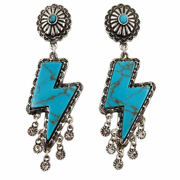 Lightning Bolt Turquoise Stone Rhinestone Western Concho Earrings
