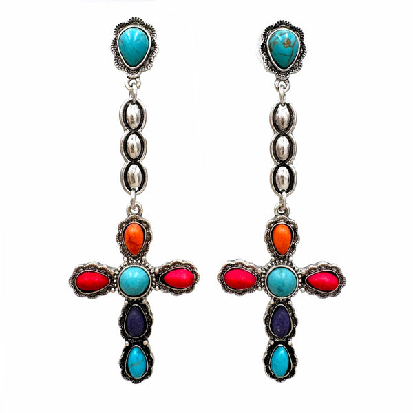 Western Turquoise Multicolor Stone Cross Dangle Earrings