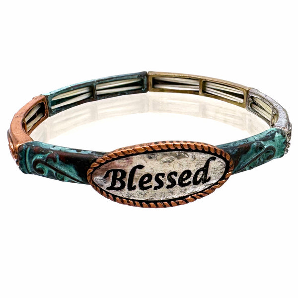 Blessed Silver Tone Western Stretch Bangle Bracelet