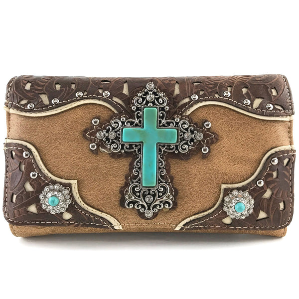 Turquoise Cross Pu Leather Western Crossbody Wallet