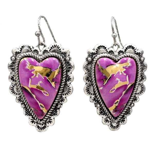 Polished Color Stone Gold Streak Heart Earrings