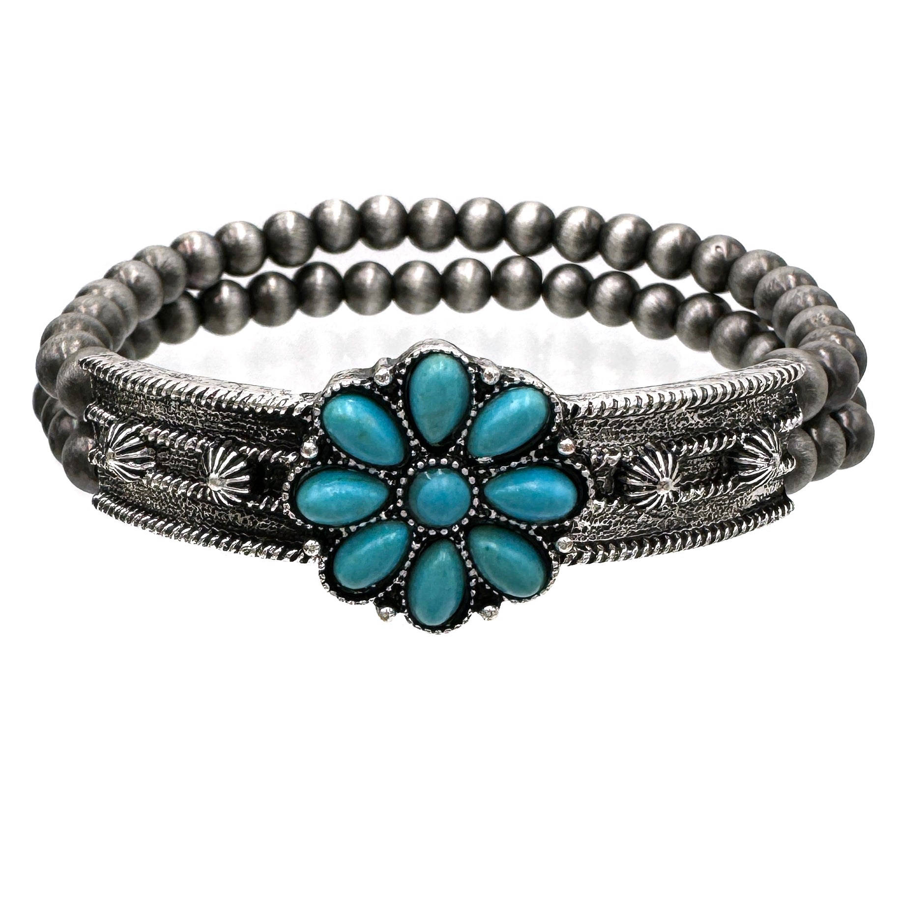 Western Turquoise Stone Flower Navajo Beads Bracelet