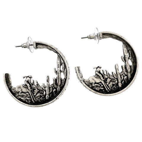 Cowboy Riding in Cactus Field on C Hoop Earrings