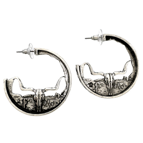 Longhorn Steer Western Landscape on C Hoop Earrings