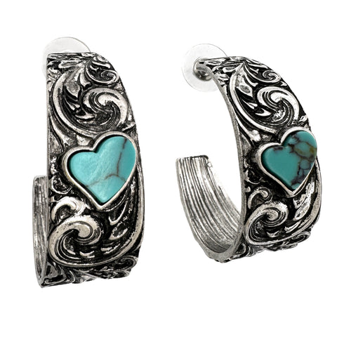 Western Floral with Turquoise Heart C Hoop Earrings