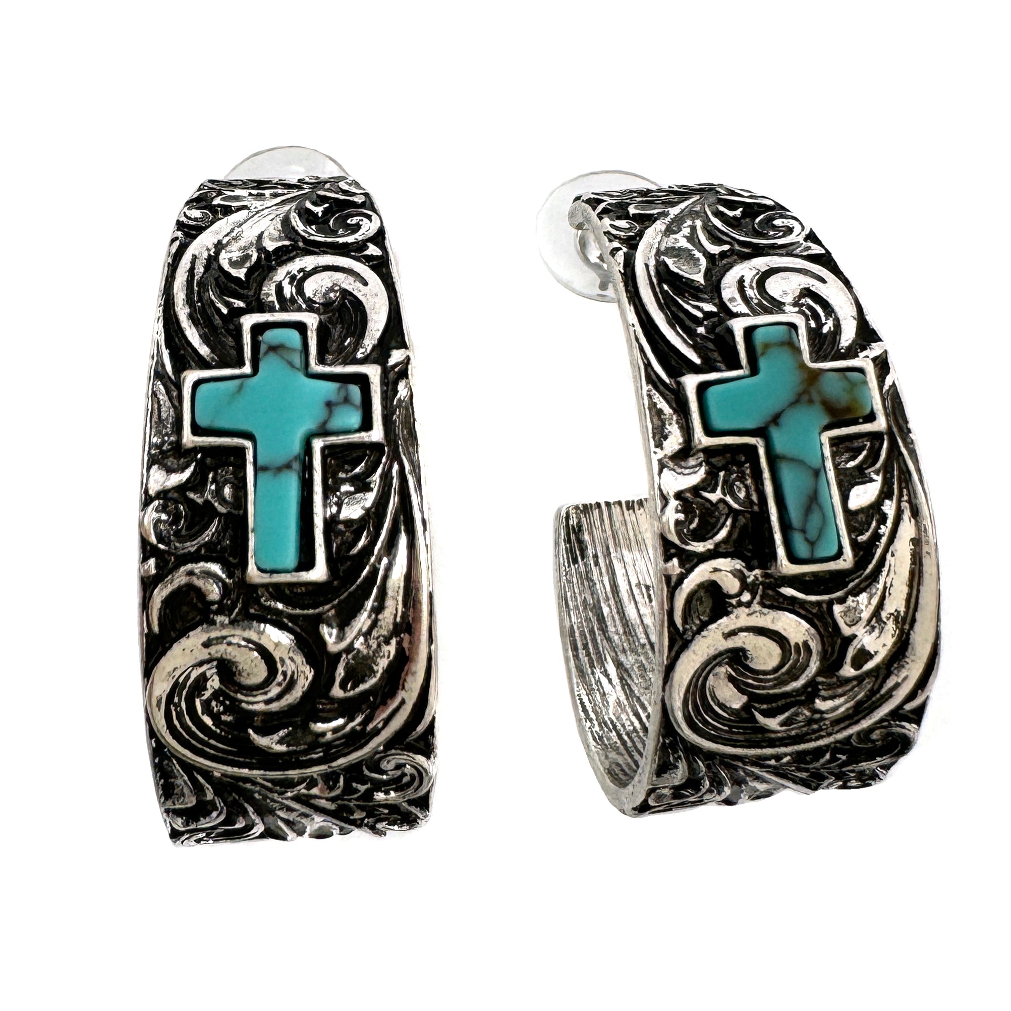 Western Floral with Turquoise Cross C Hoop Earrings