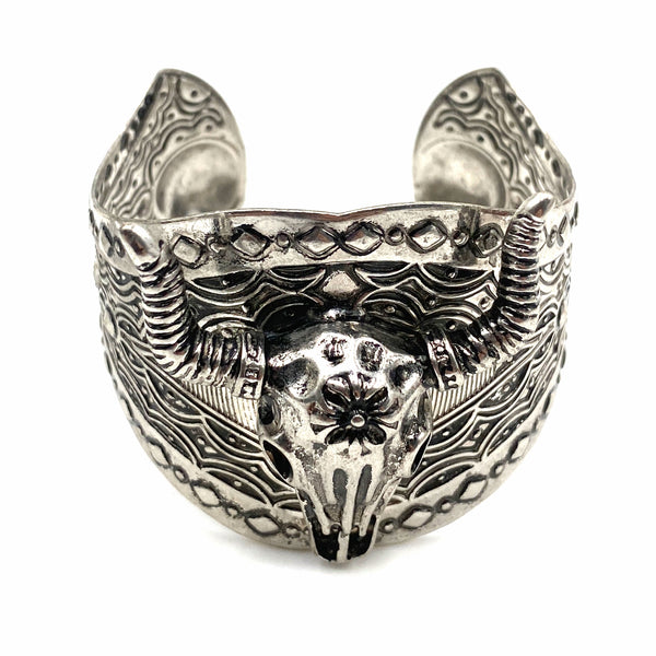 Western Longhorn Hammered Metal Large Cuff Bracelet