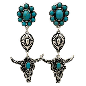 Bohemian Longhorn Turquoise Navajo Three Charm Dangle Earrings