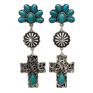 Western Cross Turquoise Navajo Three Charm Dangle Earrings