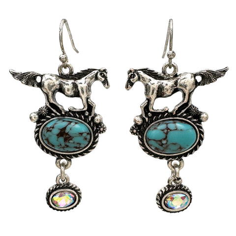 Silver Horse Turquoise Cabochon AB Rhinestone Dangle Earrings