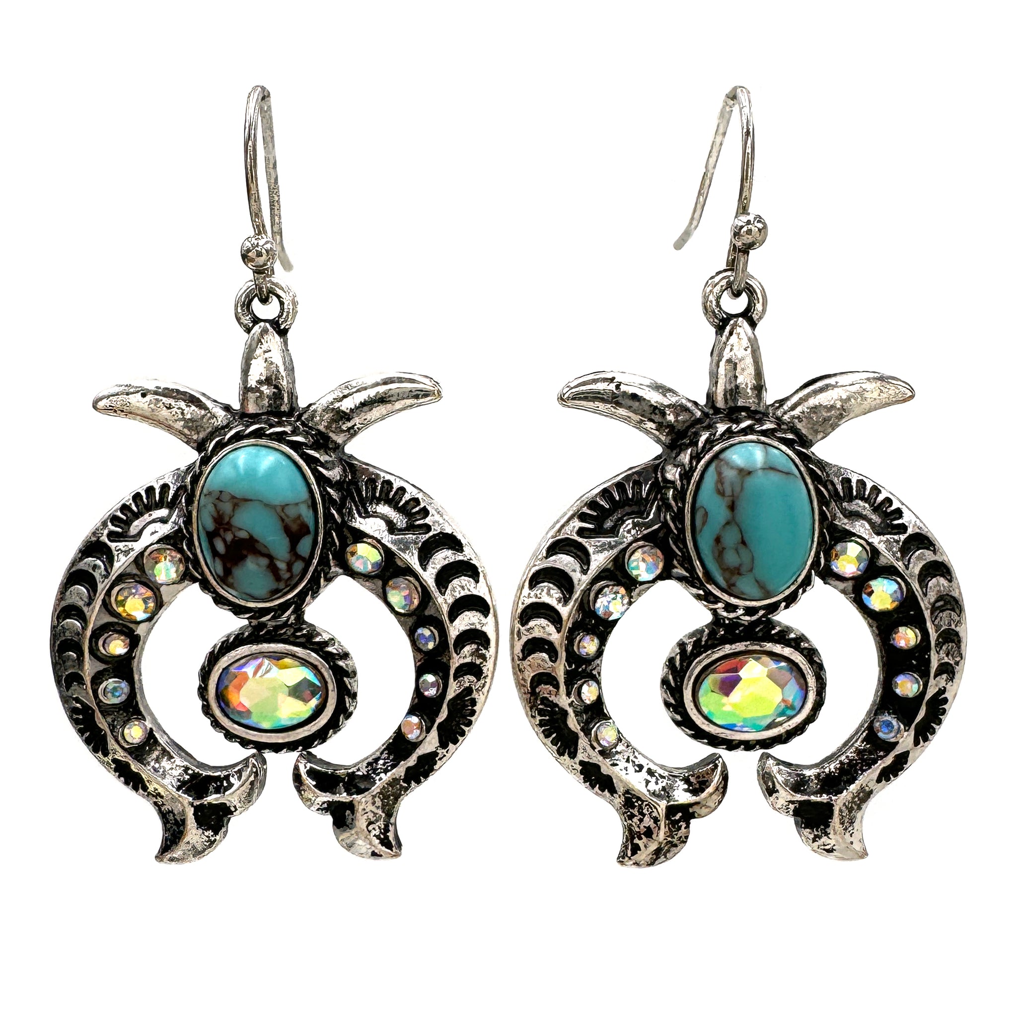 Squash Blossom Turquoise Cabochon AB Rhinestone Dangle Earrings