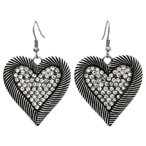 Large Rhinestone Filled Heart Silver Dangle Earrings