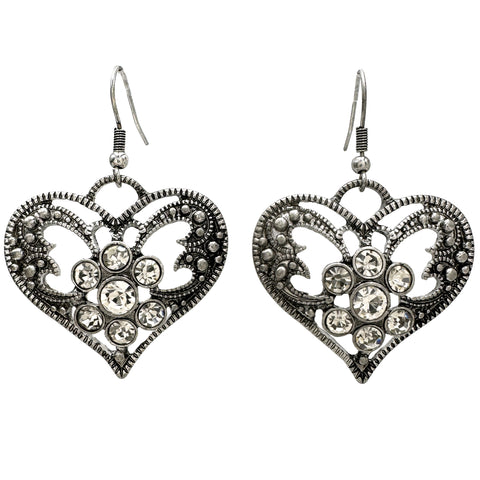 Rhinestone Heart Silver Filigree Dangle Earrings