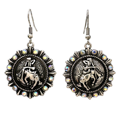 Cowboy Round Concho AB Rhinestone Western Earrings