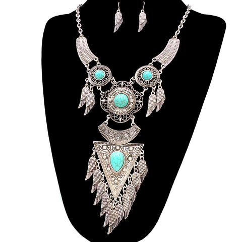 Angel Wings Silver Turquoise Stone Antique Necklace Earrings Set