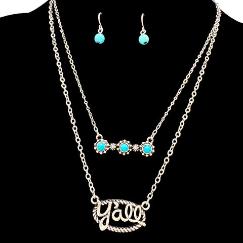 Two Piece Y'all Silver Necklace Earrings Set