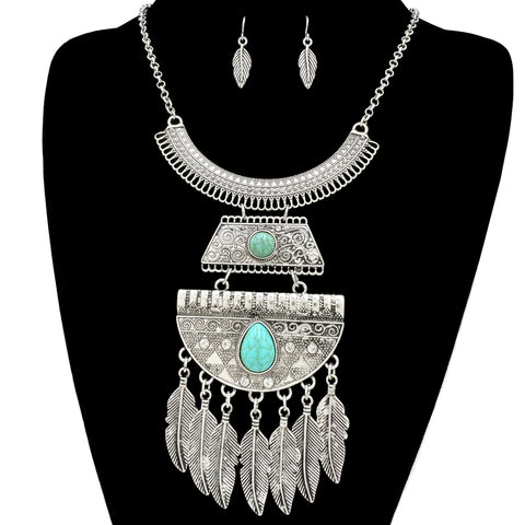 Native Feather Silver Turquoise Stone Antique Necklace Earrings Set