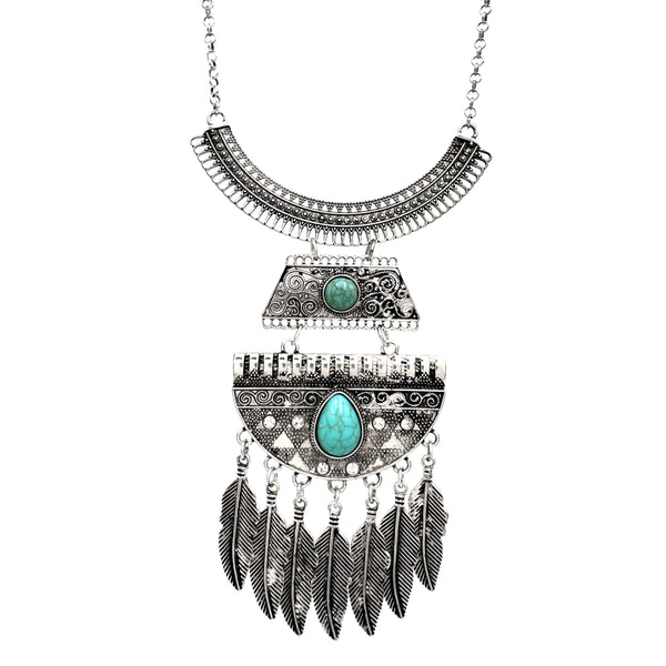 Native Feather Silver Turquoise Stone Antique Necklace Earrings Set