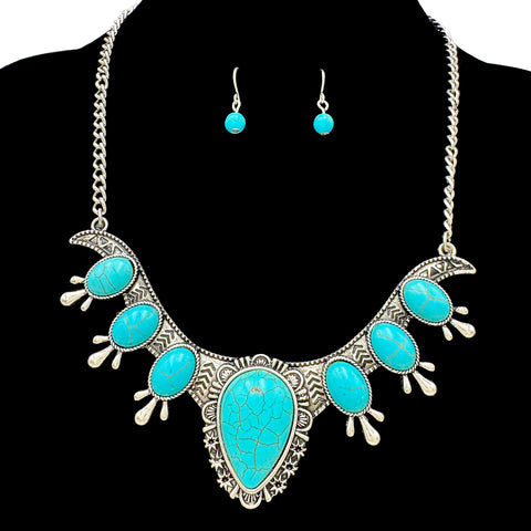 Teardrop Turquoise Stone Antique Necklace Earrings Set