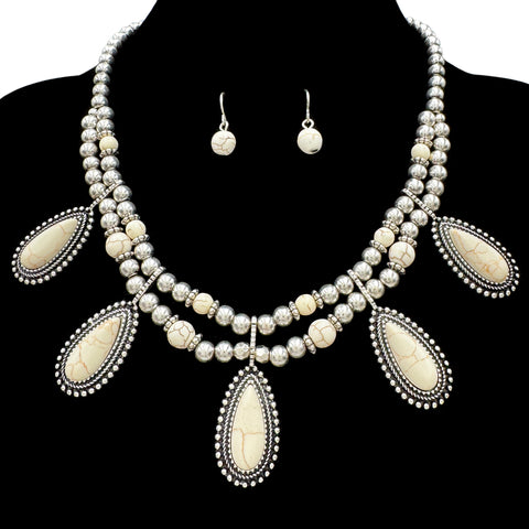 Teardrop Cabochon Stone Beaded Antique Necklace Earrings Set