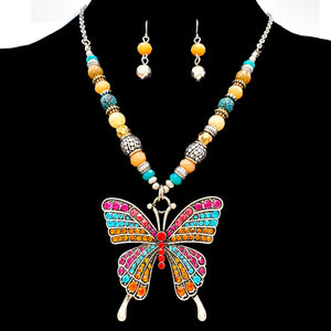 Colorful Butterfly Pendant Beaded Necklace Earrings Set