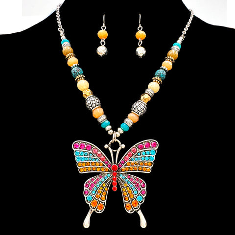 Colorful Butterfly Pendant Beaded Necklace Earrings Set