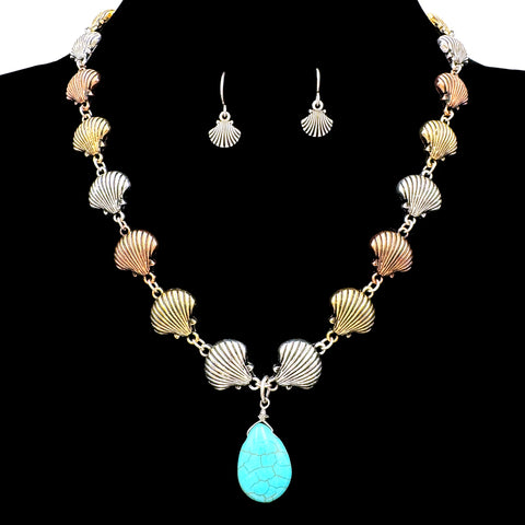 Metal Seashells Turquoise Stone Teardrop Necklace Earrings Set