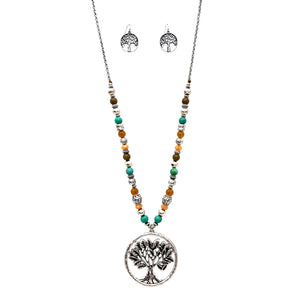 Tree of Life Pendant Colorful Bead Long Necklace Earrings Set