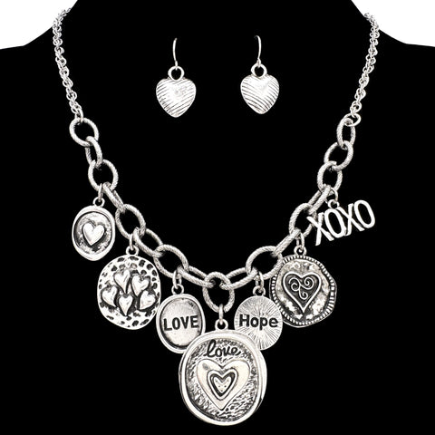 Hearts Love Hope XOXO Charms Silver Necklace Earrings Set