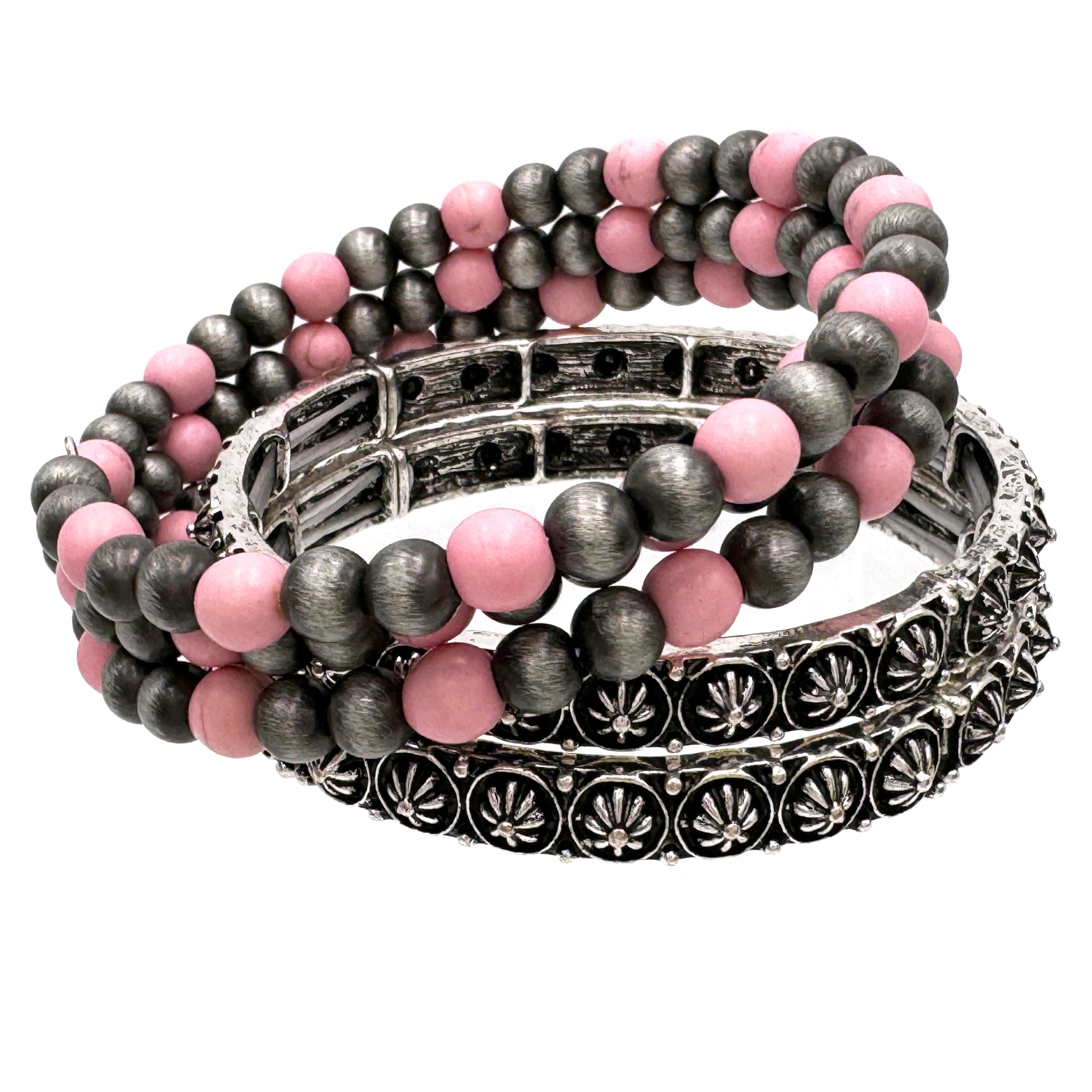 Pink Coil Three Piece Navajo Style Bead Stretch Bracelet