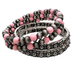 Pink Coil Three Piece Navajo Style Bead Stretch Bracelet