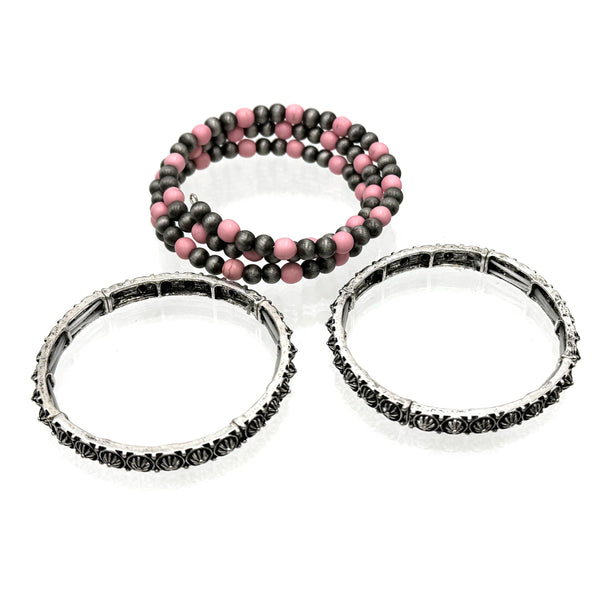 Pink Coil Three Piece Navajo Style Bead Stretch Bracelet