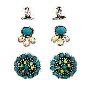 Cowboy Boots Turquoise Flower AB Rhinestone 3 Piece Earrings