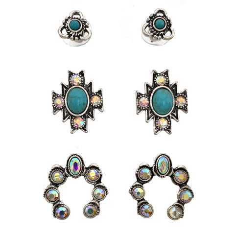 Western Icon Turquoise AB Rhinestone 3 Piece Earrings