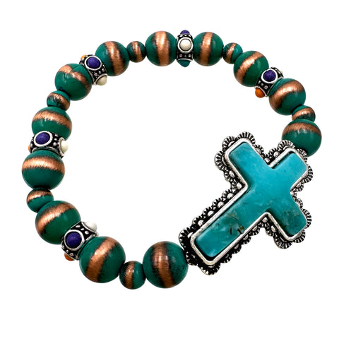 Western Turquoise Stone and Cross Navajo Beads Bracelet