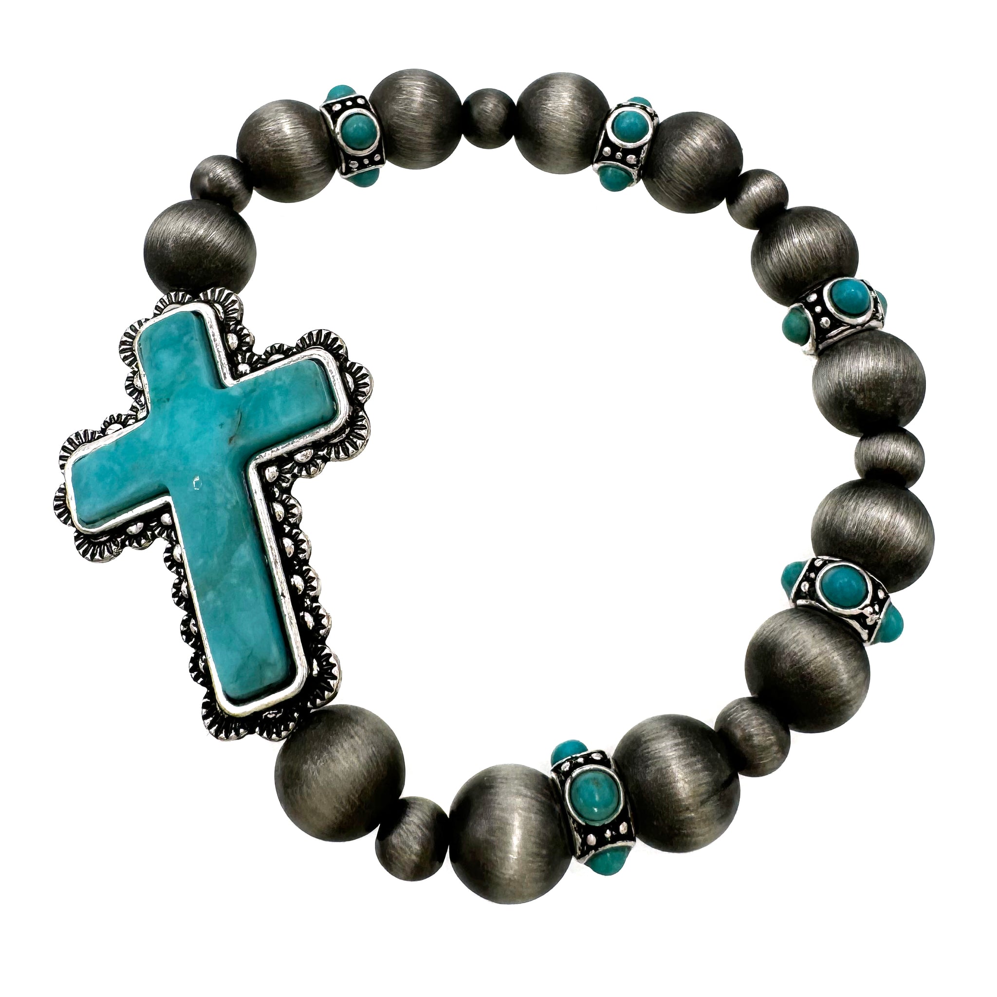 Western Turquoise Stone and Cross Navajo Beads Bracelet