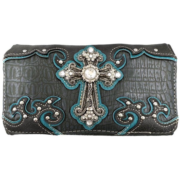 Croc Pu Leather Cross Rhinestone Crossbody Wallet