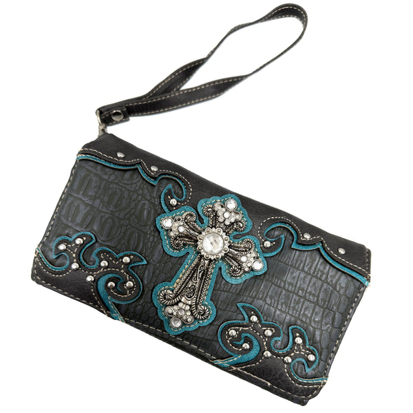 Croc Pu Leather Cross Rhinestone Crossbody Wallet