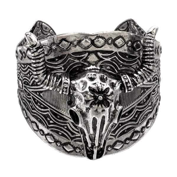 Western Longhorn Hammered Metal Large Cuff Bracelet