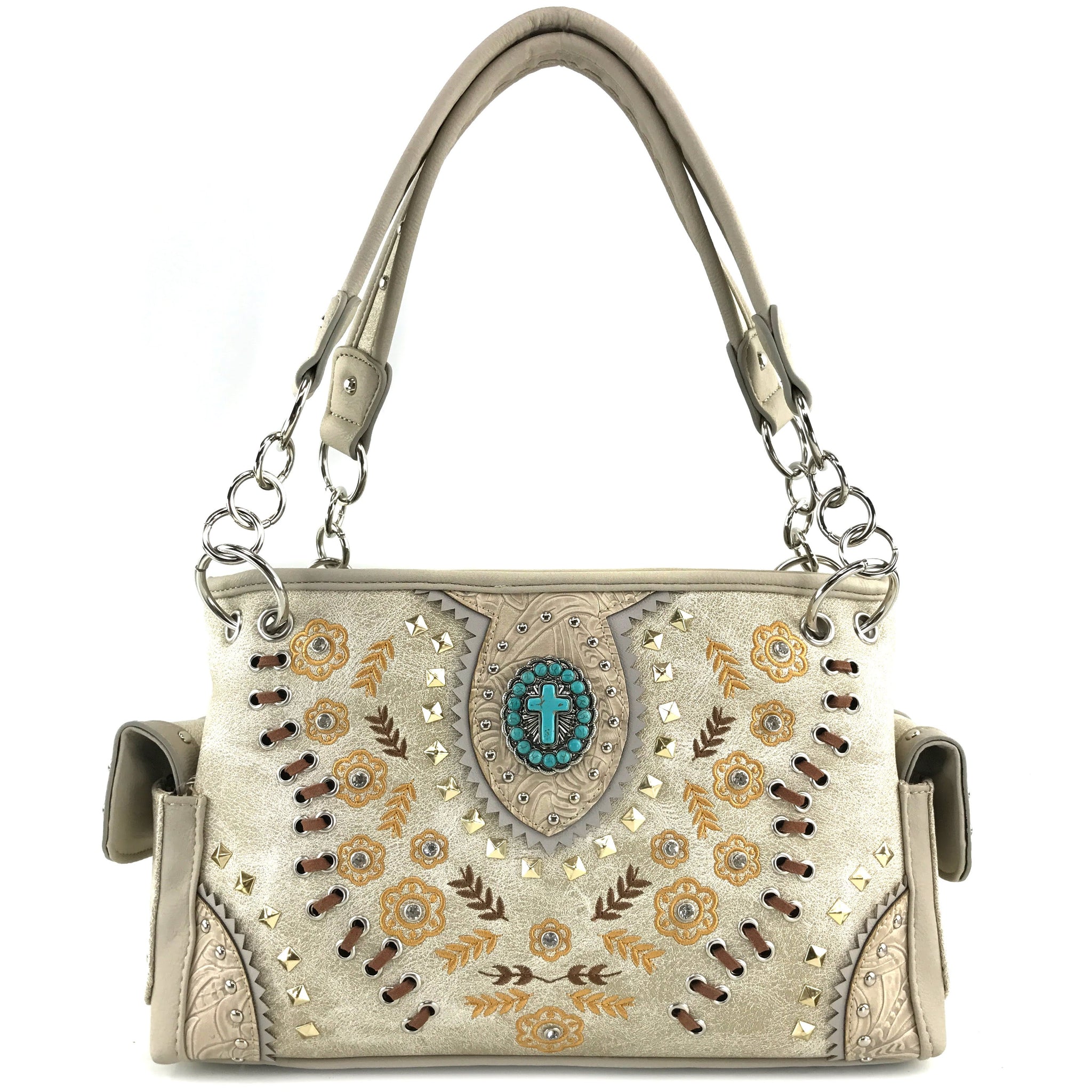 Turquoise Cross Gold Flower Women's Handbag Purse